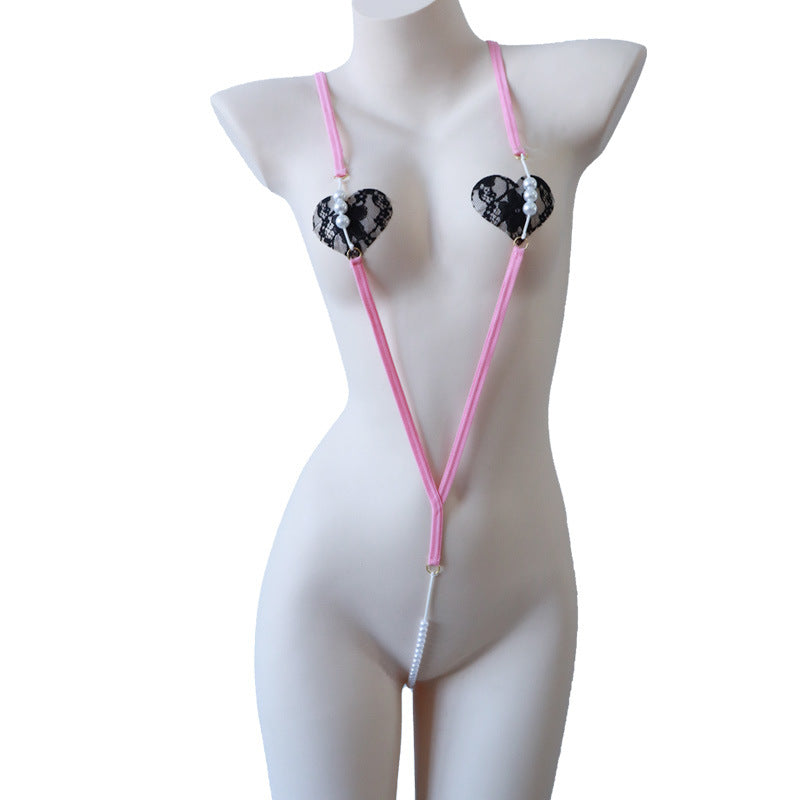Image of Erotic underwear women's erogenous belt pearl jumpsuit simple webbing pajamas wholesale one piece dropshipping 4033